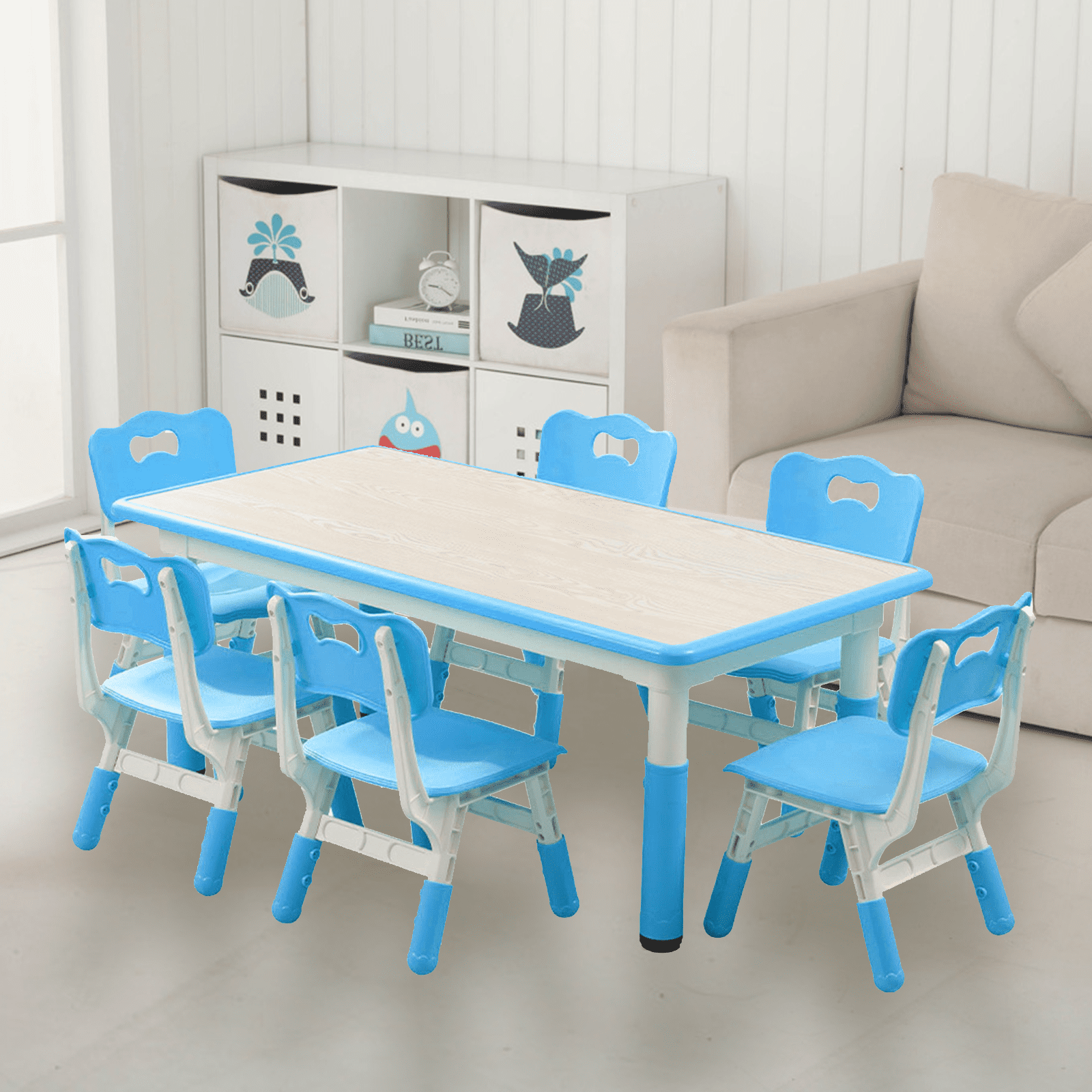 Height Adjustable Kids Table and 6 Chairs Set - Graffiti-Resistant Multi-Activity Desktop - Non-Slip Legs - Study & Craft Desk for Study Room, Home, Daycare - For Ages 2-10 - Blue