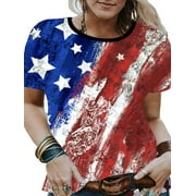 DYMADE Women Summer US Flag Print Independence Day Round Neck Short Sleeve Loose T-Shirts Blouses Plus Size