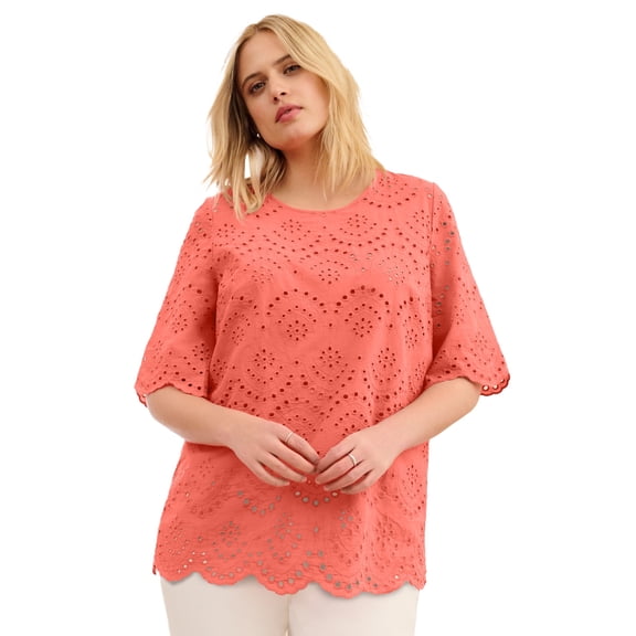 Ellos Plus Size 100% Cotton Eyelet Short Sleeve Scallop Hem Blouse