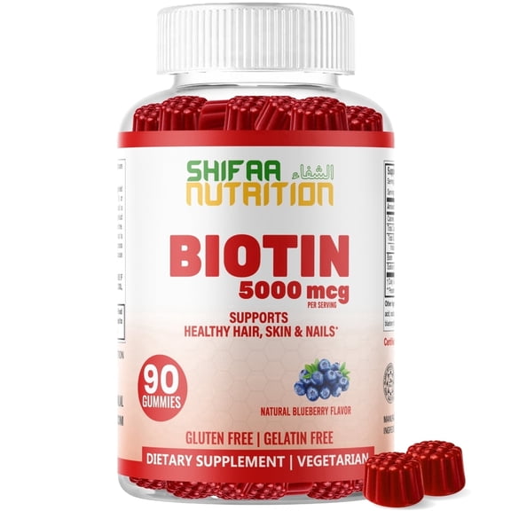 Vegan High Potency Hair Growth Biotin Gummies 5000 mcg For Women Kids Men | 90 Ct, 45 Servings, Non-GMO | Hair, Skin and Nails Gummy Vitamins & Prevents Hair Loss | Halal Vitamins | SHIFAA NUTRITION