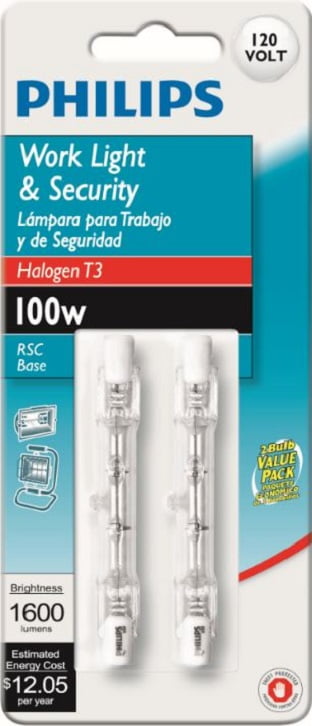Phillips Halogen 100-Watt T3 Work and Security Light, Dimmable, RSC Double-ended Base (2-Pack)