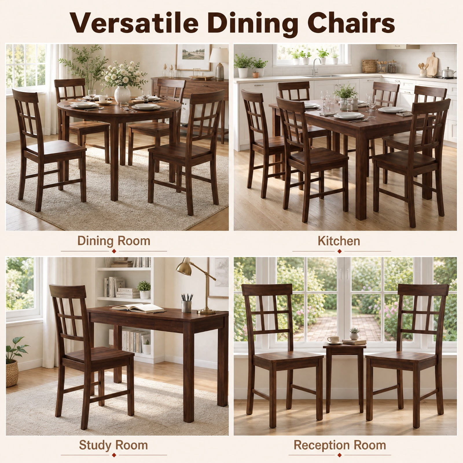 Furnibear Rubber Wood Dining Chairs Set of 2 with High Lattice Backrests for Dining Room Kitchen Study and Reception Room, Brown