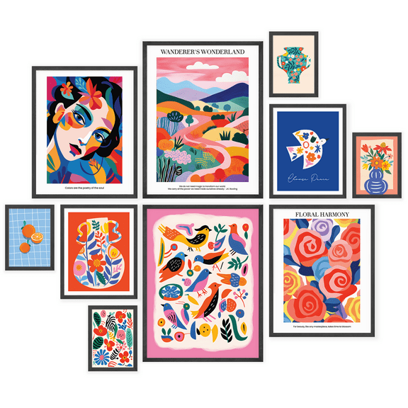 Nistio® Colorful Eclectic Wall Art, Funky Vintage Posters, Floral Eclectic Poster Set with Birds, Eclectic Wall Prints, Inspirational Quotes Prints, Eclectic Wall Decor, Set of 10 (Unframed)