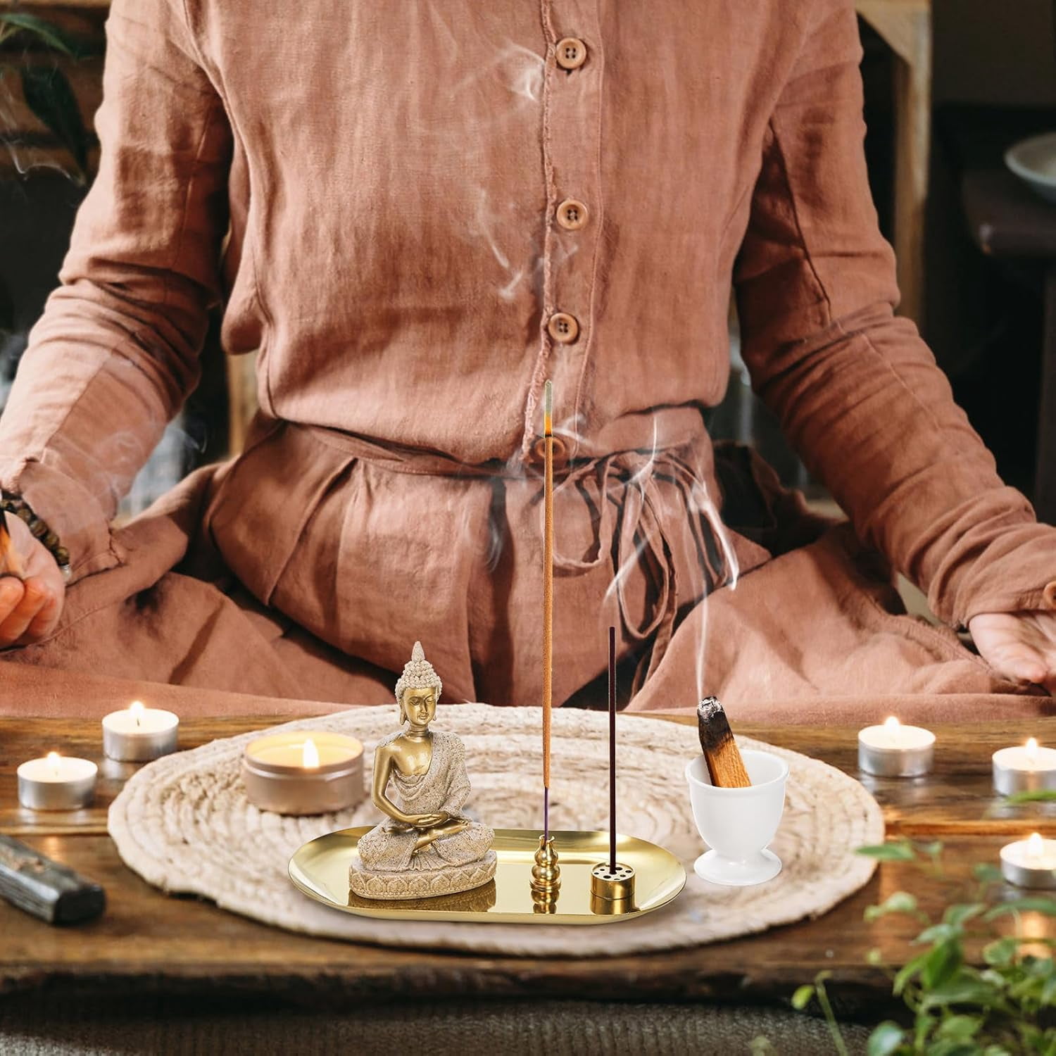 6 in 1 Brass Incense Burner Holder, Palo Santo & Sage Sticks Holder, Ash Catcher Tray with Buddha Statue for Coil Incense, Incense Cone & Stick, Meditation Accessories, Yoga Room Decor