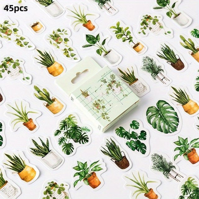 45pcs/pack Cute Green Plants Stickers for Scrapbooking and Journaling - Mini Japanese Box Set with Adorable Flakes