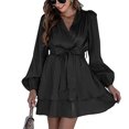thumbnail image 1 of Vestido de cuello en V de moda de poliéster de manga larga casual suelta corbata vestido de cintura alta para mujeres negro XL, 1 of 6