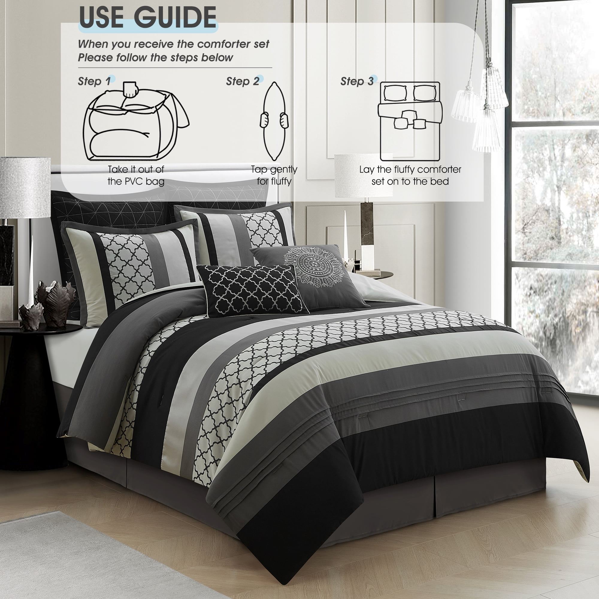 Lanco Moroccan Black/Gray/Off-White, 8-Piece Comforter Set, King, Striped/Geometric