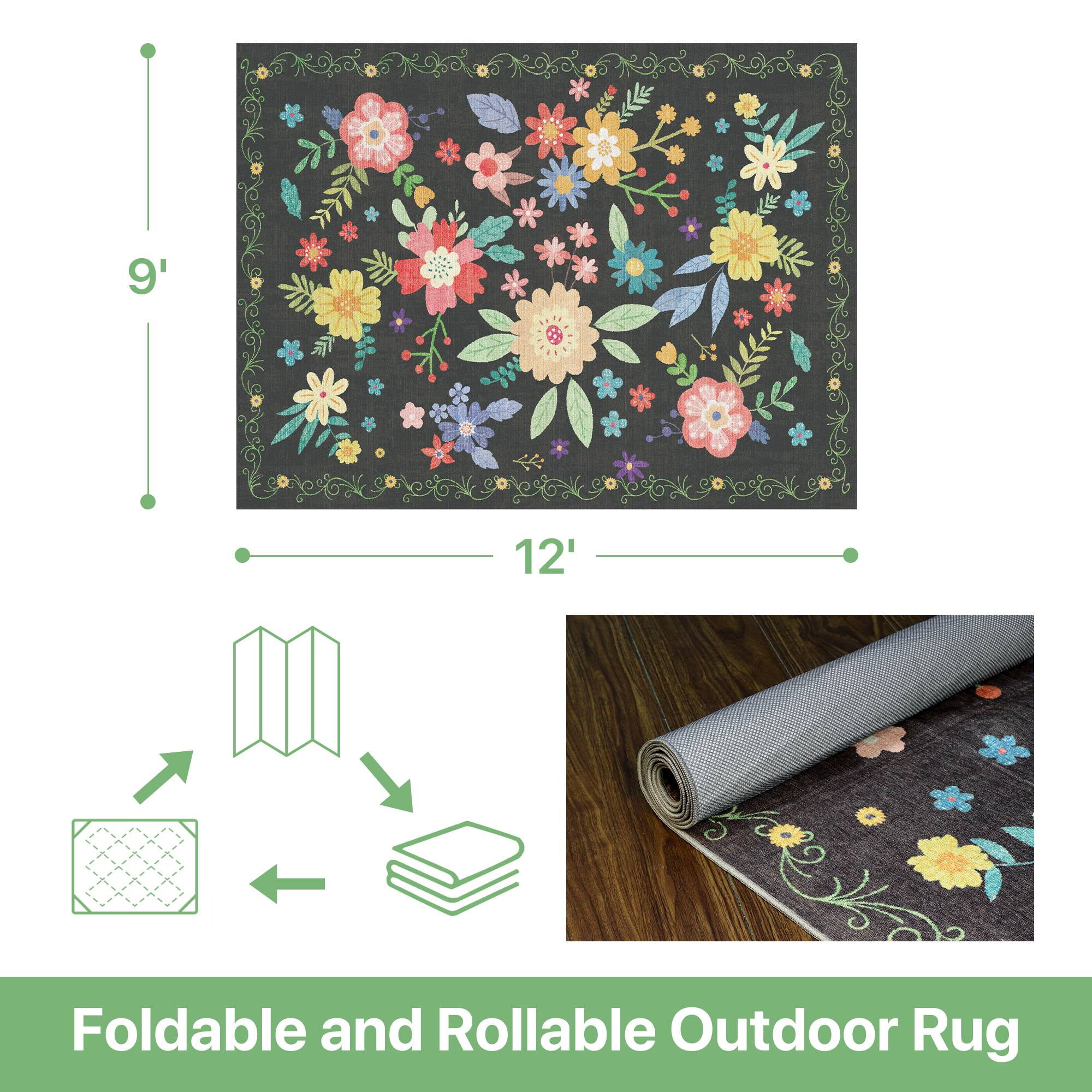 DEORAB 9'x 12' Outdoor Rug Chenille 3-Layers Patio Washable Mat Imitation Silicone Material Camping Garden RV Carpet,BLACK