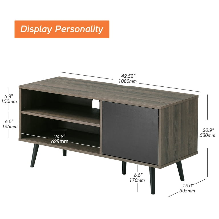 Wampat Mid-Century Modern TV Stand for 43" Flat Screen, Retro Entertainment Center for Living Room, Wood Media Console with Storage, Black