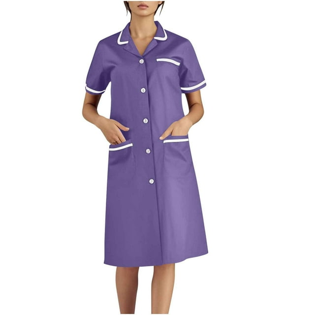 Xfvqtps Womens Nurse Dress with Pockets Button Short Sleeve Splicing Lapel Caregiver Work Dress Purple
