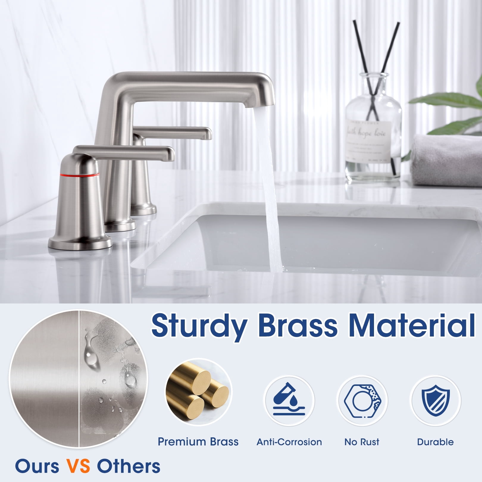 Wowkk 3 Hole Bathroom Faucet 2 Handle Widespread Bathroom Sink Faucet with Pop up Drain and Supply Lines, Brass Vanity Faucet for Rv Farmhouse Lavatory Restroom Sink, Brushed Nickel