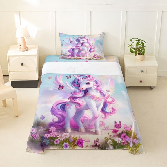 Erosebridal Cartoon Animal Unicorn Butterflies Twin Sheet Sets 3pcs For Kids,Cute Princess Flowers Magical Horse Bedding For Boys Girls
