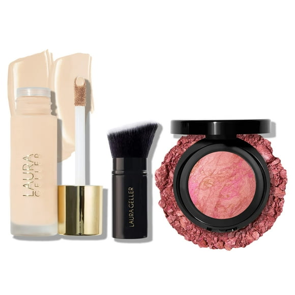 The Classic Matte Look - Líquido (3 piezas) Laura Geller New York Double Take Liquid Foundation Brocha Kabuki retráctil de porcelana Baked Blush-N-Brighten Pink Buttercream