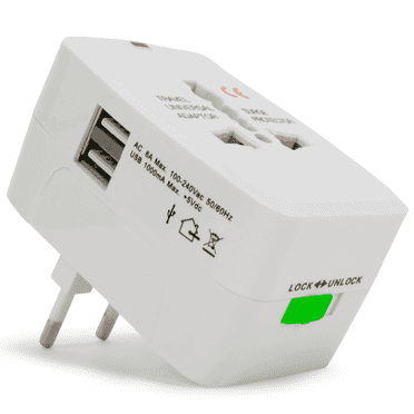 Universal International Travel Adapter with Dual USB Ports (5V) – Safety Shutters & Surge Protection – White