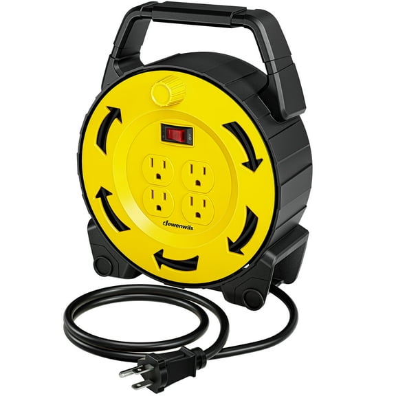 DEWENWILS Extension Cord Reel with 30 FT Power Cord, Hand Wind Retractable, 16/3 AWG SJTW, 4 Grounded Outlets, 13 Amp Circuit Breaker, Yellow Black, UL Listed