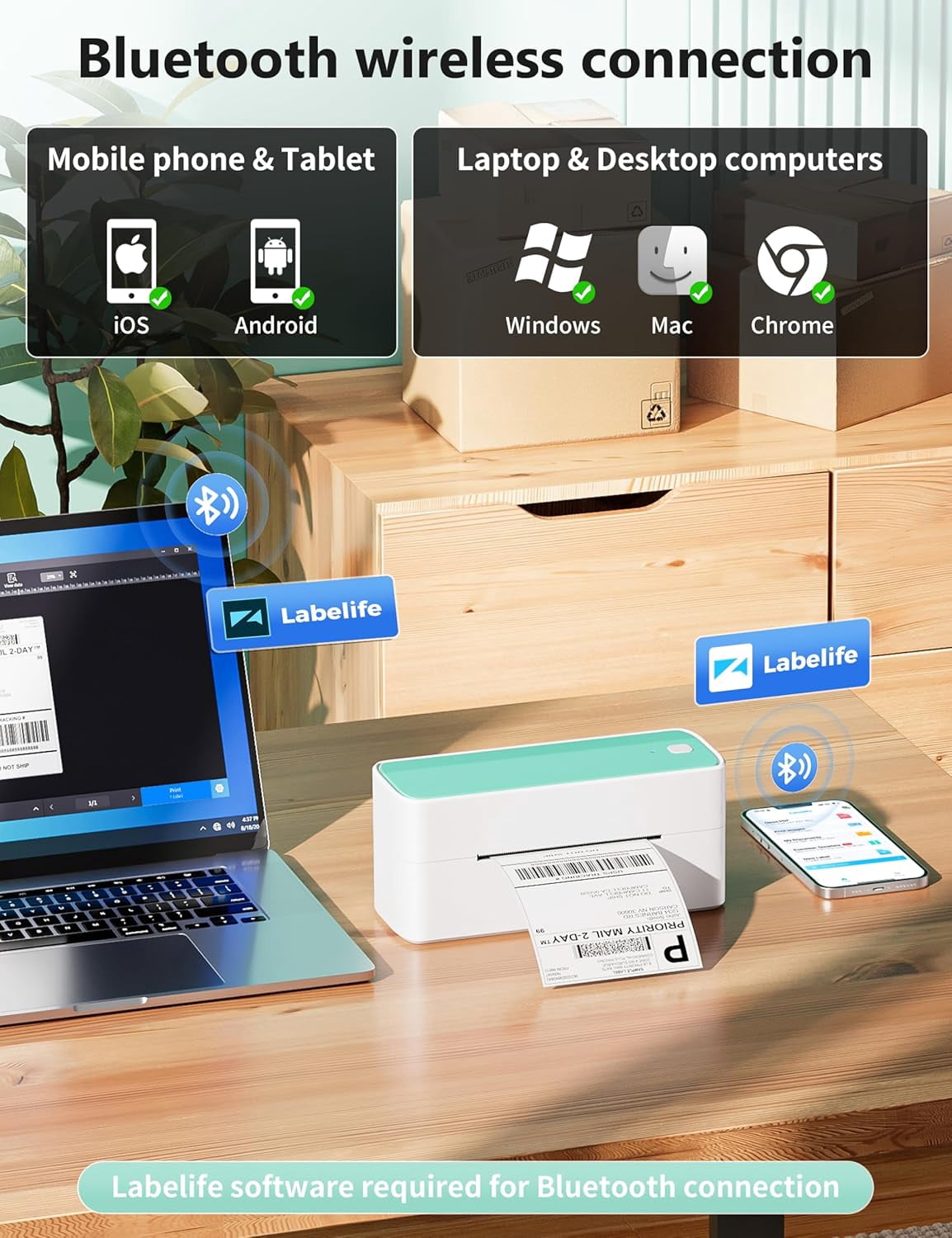 Bluetooth Thermal Shipping Label Printer, 241BT Wireless Thermal Label Printer for Shipping Packages, Inkless Thermal Shipping Label Printer, Compatible with iPhone, Android, Green