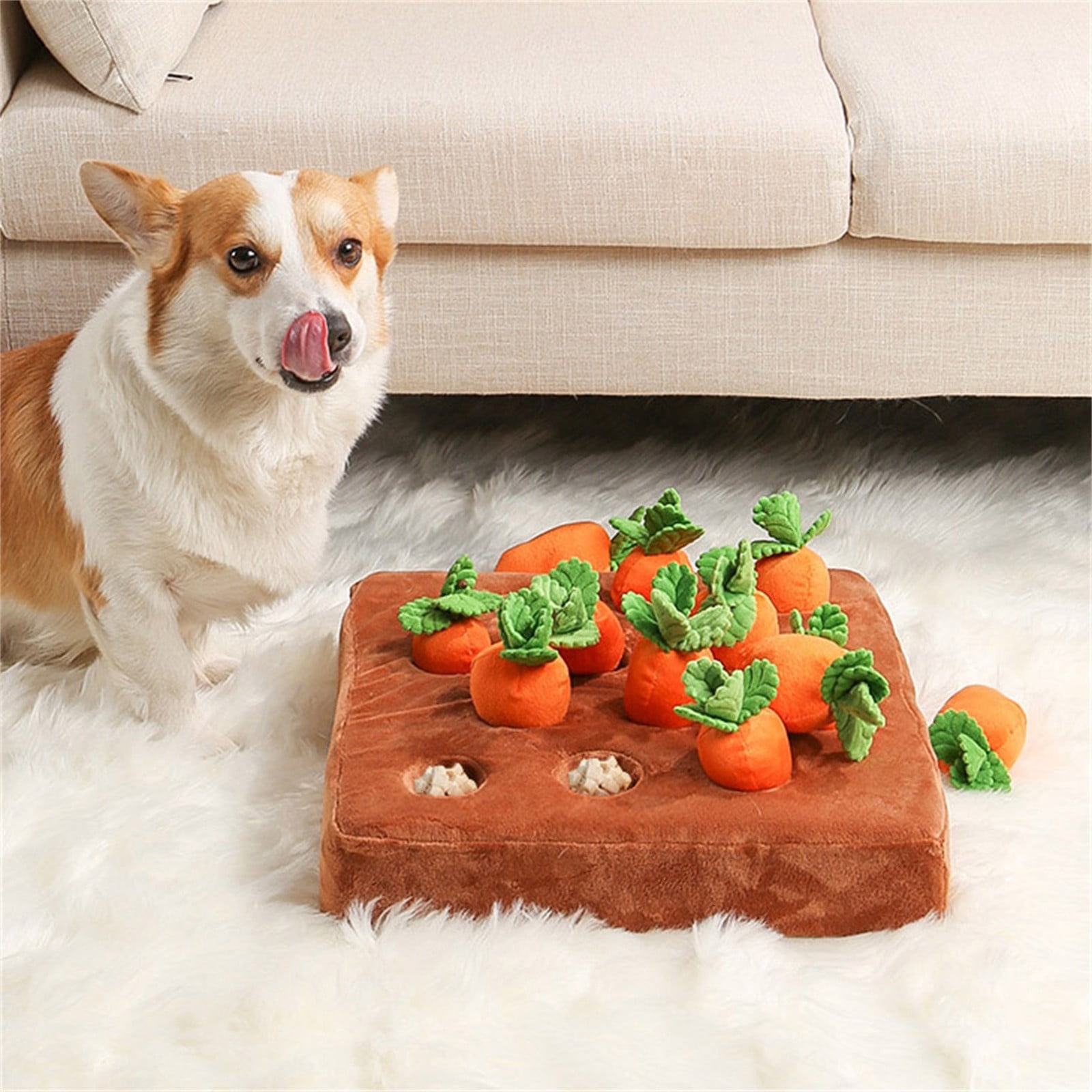 Dog Puzzle Toys Pull Carrot Toys,Interactive Mat with 9 Carrots for IQ Training,Boredom Relief Hide and Seek Plush Squeaky Toys for Puppies，As Shown