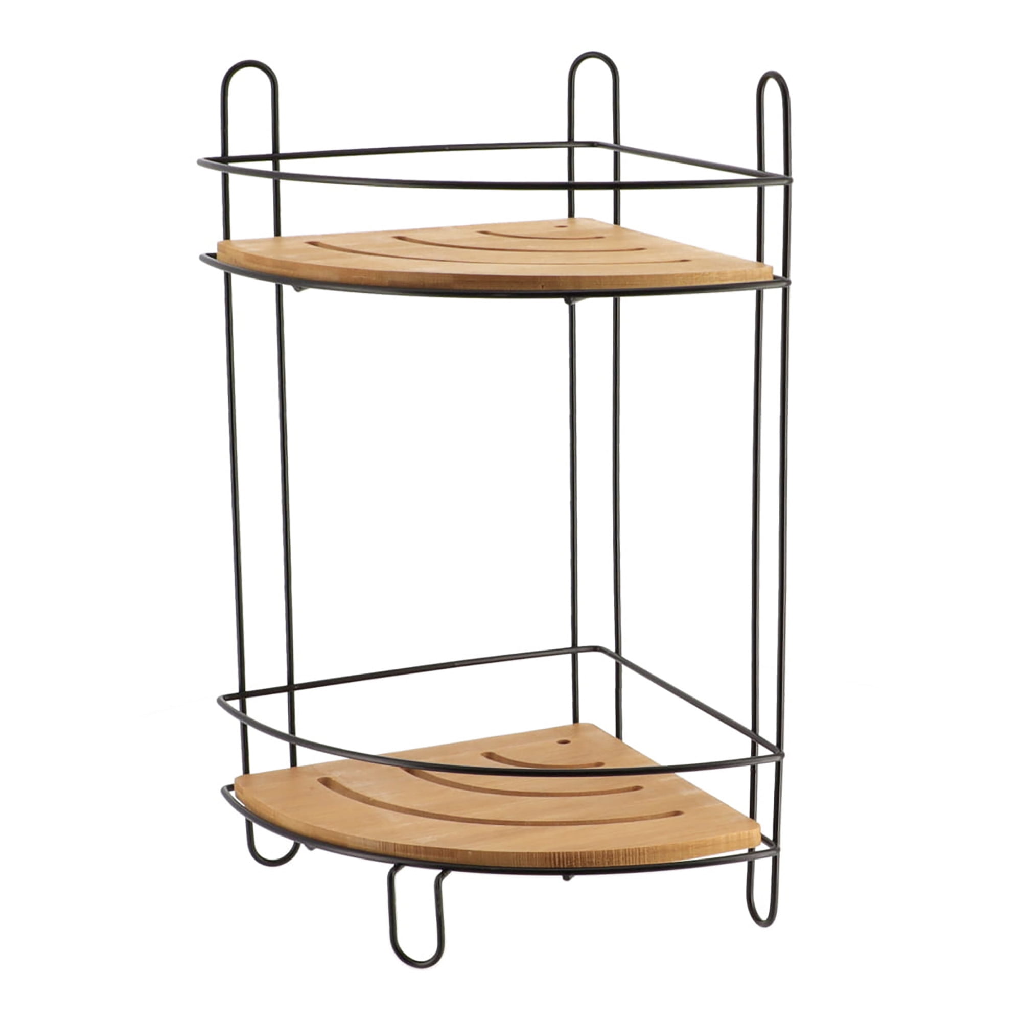 Freestanding Metal Wire Corner Shower Caddy 2 Bamboo Shelves Brown