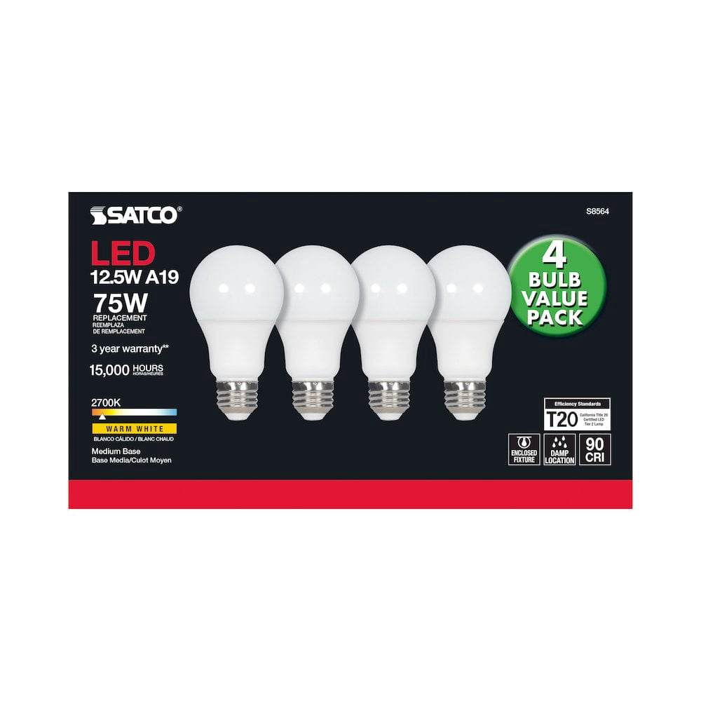 Satco 4Pk. 12.5w A19 LED 2700K Medium base 120 volts