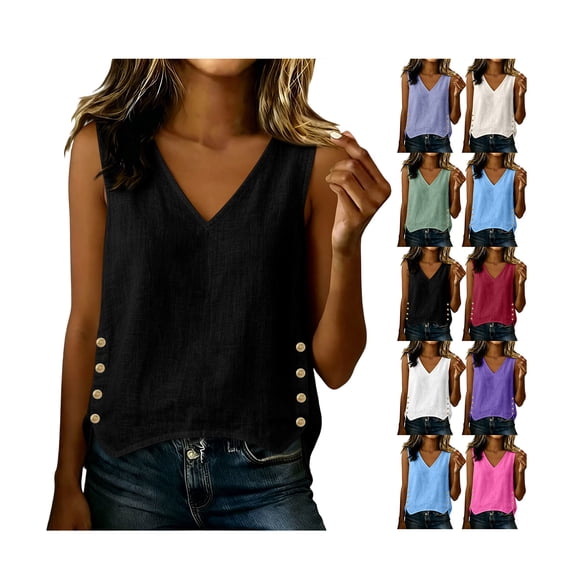 Vest Tops for Women Summer Sleeveless Vest Top Side Button V Neck Casual Linen Blend Boho Top Vacation Shirts