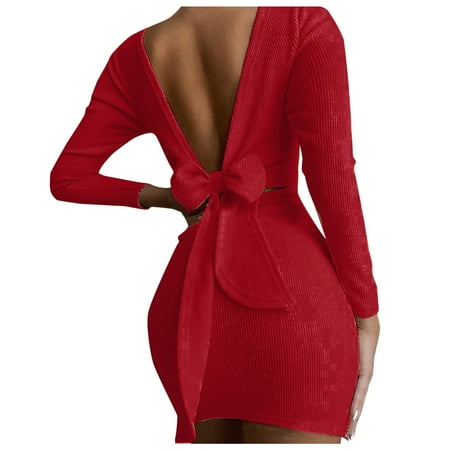 

Outfmvch Corset Dress Red Dress Open Back Knotted Soild Long Sleeve Tight Dress Womens Dresses Red XL