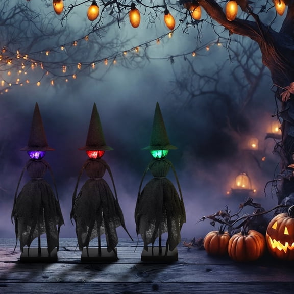Anvora Halloween Indoor Decorations, 3Pcs Lighted Primitive Witch with Hat, Spooky Black Witches Figurines LED Lights Standing Scary Table Centerpieces Tiered Tray Decor Shelves Mantels Home