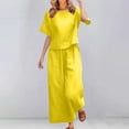 thumbnail image 2 of Lume Wear Linen Sets for Women 2 Piece 2026 Summer Casual Lounge Sets Short Sleeve Shirts and Wide Leg Pants Beach Outfits S&Yellow, 2 of 4