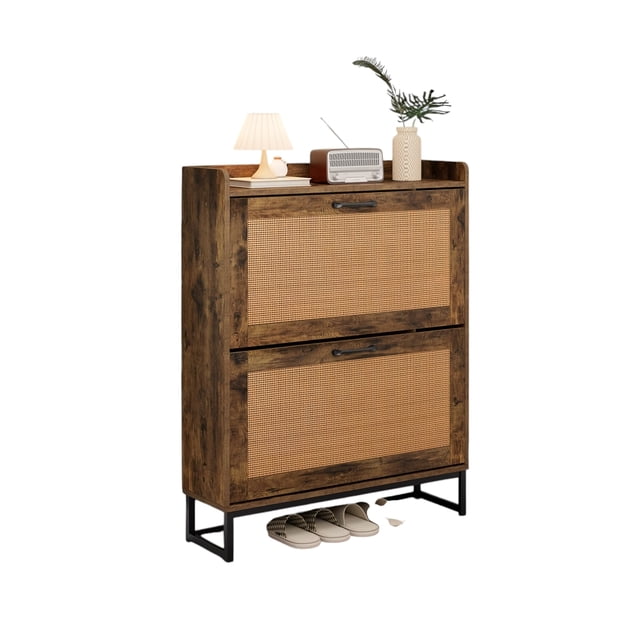 Shoe Storage Cabinet with 2 Flip Drawers, 31.5" Slim Freestanding Shoe Rack with USB Ports & Outlets, Rattan Style Organizer for Entryway or Hallway - Brown