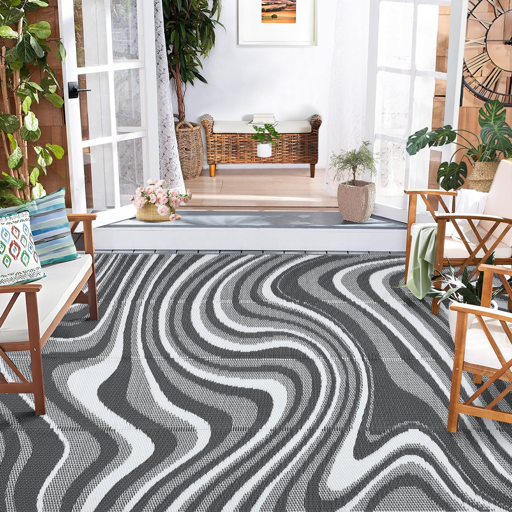 Hasoo 10' x 14' Gray/White Outdoor Rug for Patio Decor Waterproof Plastic Straw Modern Geometric Carpet PP Tube Woven Portable Camping Mat for Picnic Balcony