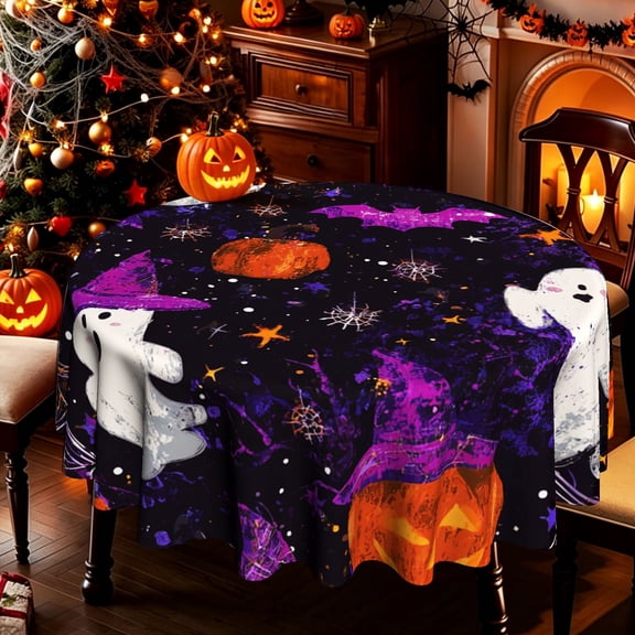 Retro Distressed Ghost Pumpkin Bat Spider Web Pattern 2D Print Round Halloween Tablecloth, Decorative Cover for Kitchen Dining Patio Halloween Parties