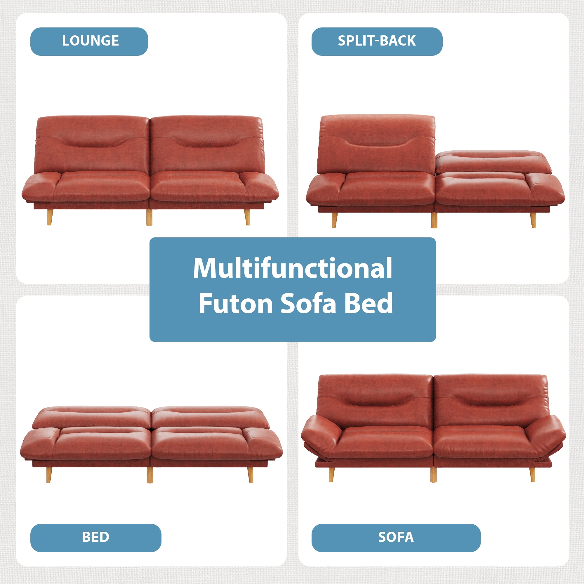 Homall Futon Sofa Bed with Adjustable Backrest & Five Angles Adjustable Armrests Sofa Couch for Small Spaces Living Room Office,PU Red