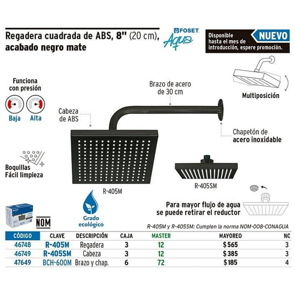 Regadera cuadrada 8' acabado negro mate con brazo Foset R-405M
