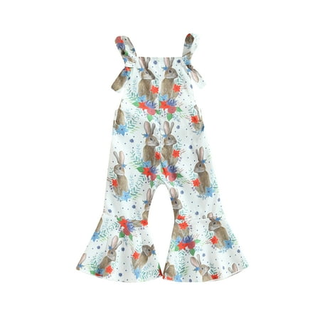 

0-4Y Toddler Baby Girls Jumpsuit Sleeveless Rabbits/Floral Print Long Flare Pants for Easter Party