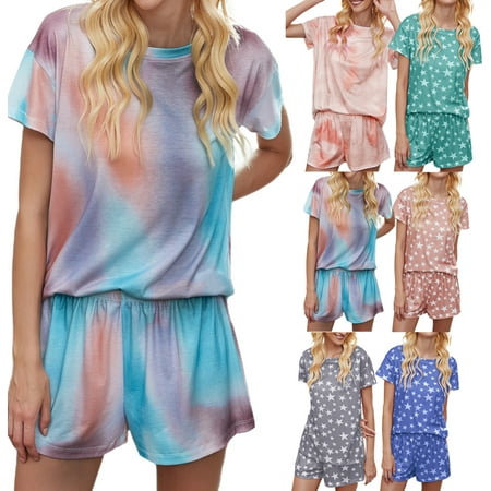 

Women Tie Dye Pajama Set Short Sleeve T-shirt and Shorts Loungewear Set