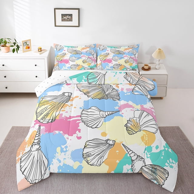Erosebridal Hand Drawn Seashell Conch Bedding Full Comforter Set, Colorful Watercolor Splash Down Comforter, Reversible 3pcs