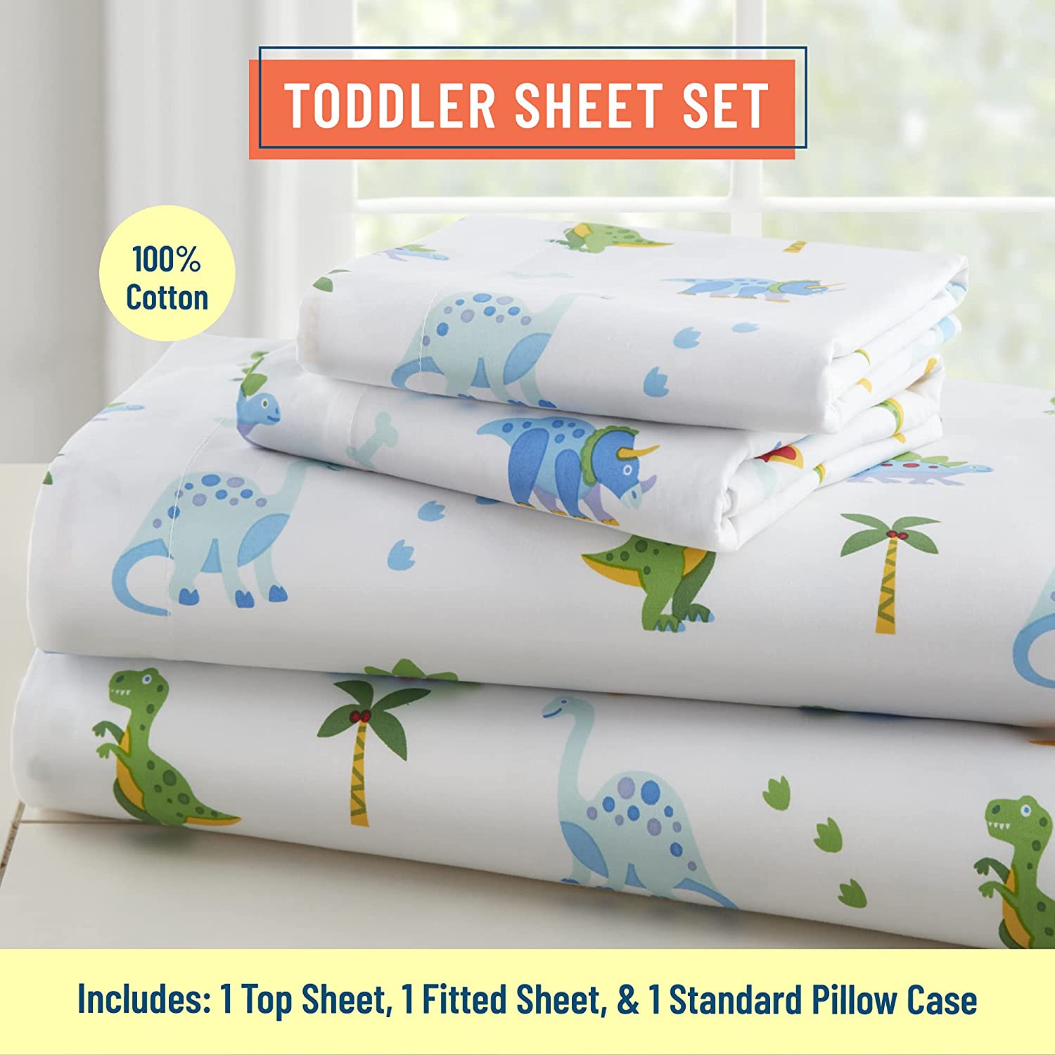 Wildkin Kids 100% Cotton Sheet Set for Boys and Girls - Toddler (Dinosaur Land Blue) - image 3 of 9