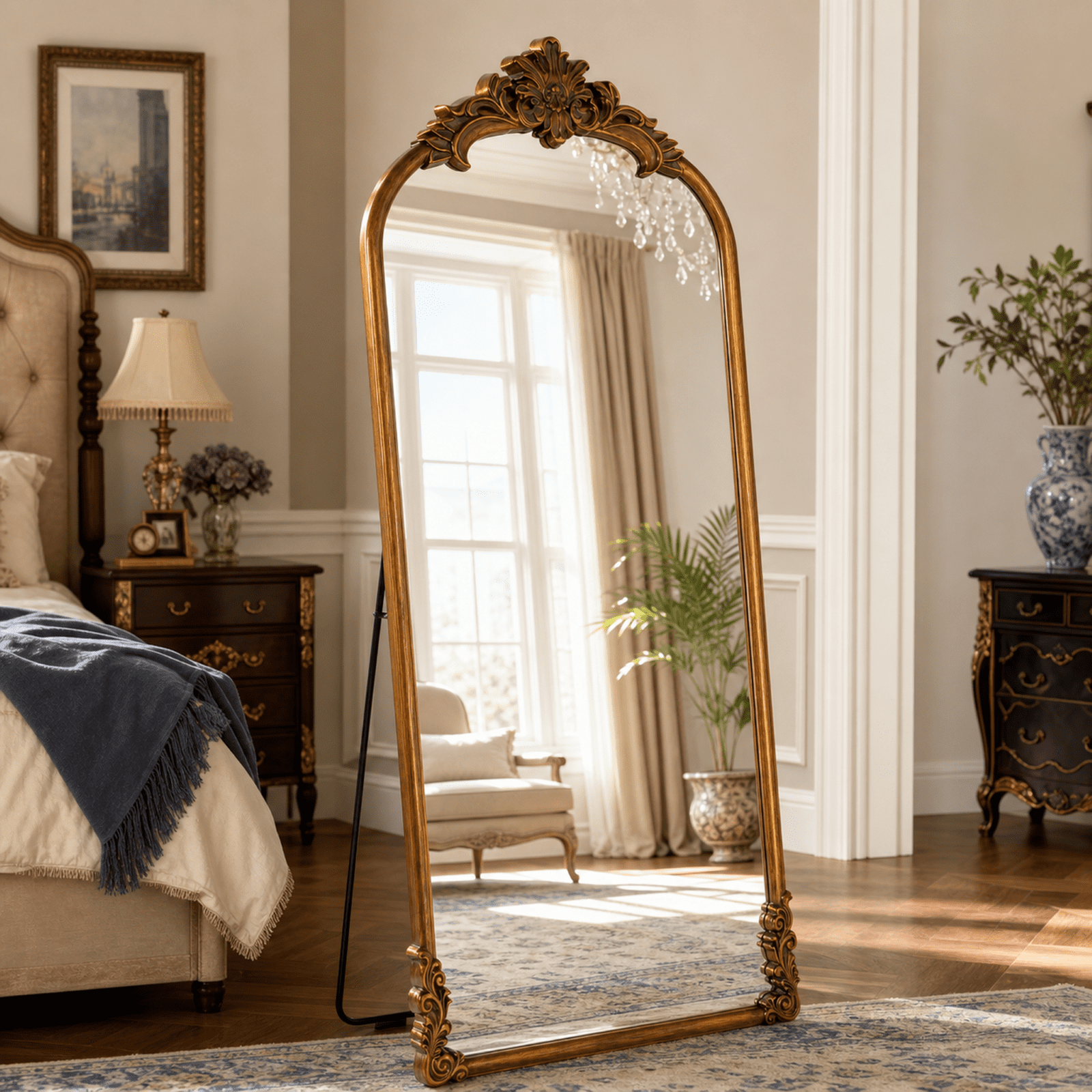EVARNIO 69"x28" Vintage Full Length Mirror Arched Floor Mirror Baroque Style Wall Mounted Mirror Ornate Decor Mirror with Stand, Antique Bronze