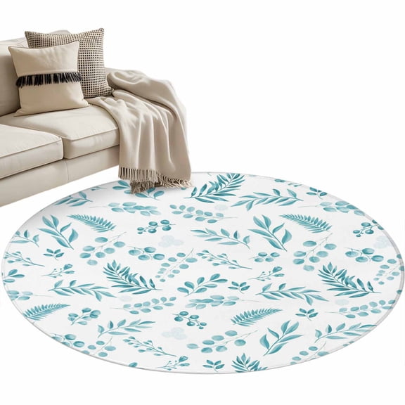Round Rugs 4 Ft, Teal Leaves Non Slip Area Rugs for Kitchen Bedroom Entryway, Summer Plants Flowers Vintage Pastoral Washable Carpet Runner Rug Floor Mats for Bedroom Home Decor