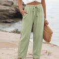 thumbnail image 3 of Linen Pants for Women Beach Vacation High Waist Elastic Drawstring Straight Leg Long Trousers with Pockets, 2XL, 3 of 7
