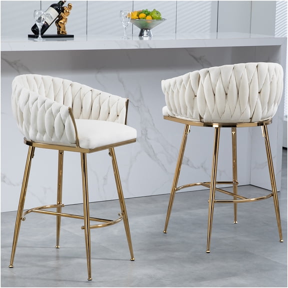 JERFIT Modern Velvet Bar Stool with Gold Base and Wave Back, Comfortable Counter Height Stool for Kitchen Island, Dining, Cafe, Bar, Beige