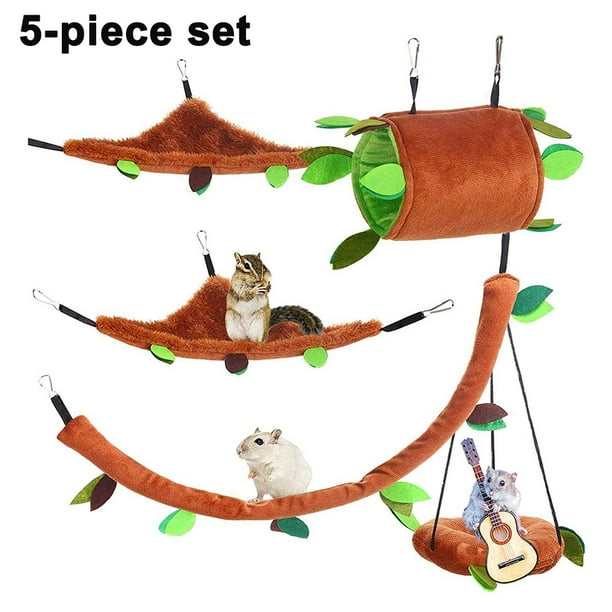 Juego de 5 hamacas para hámster, pequeños animales, cama cálida colgante, jaula, nido, accesorios, jaula, juguete, túnel colgante de hojas y columpio, planeador para hámster, juego para