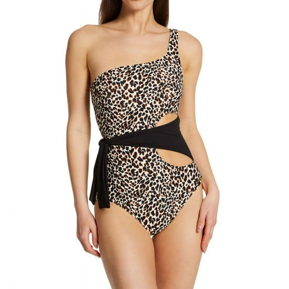 Vince Camuto Women's Printed One Shoulder Wrap Tie One Piece Swimsuit Black Size 4