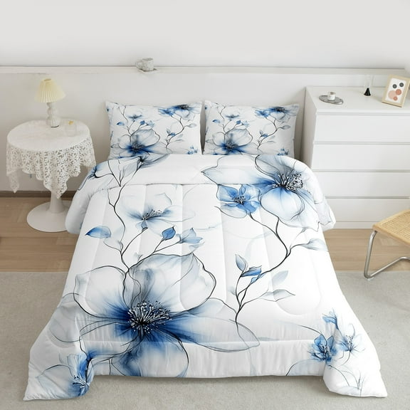 jejeloiu Country Floral Bedding Comforter Set,Natural Plant Twin Comforter Sets,White Blue Bedding Set For Adults,Luxury Bedroom Decor Reversible,2-Piece