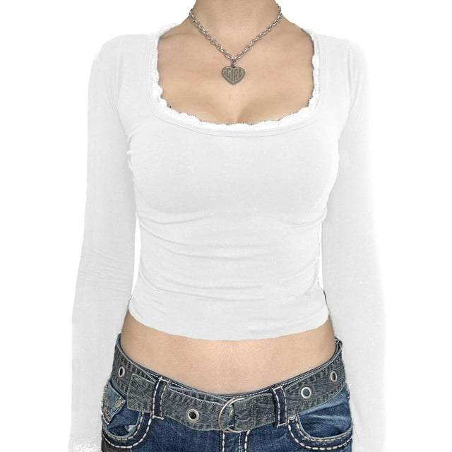 Fortune Hauts Courts en Dentelle pour Femmes Col Carré Manches Longues Chemises Printemps Automne Ajusté Crop Top