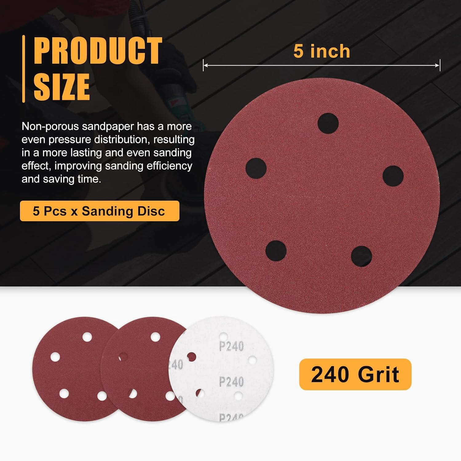 FRKSMD-5 Pack 5 Inch Sanding Disc 240 Grit 5 Hole Round Hook and Loop Sandpapers Fit for Orbital Sander Automotive or Cars Repairing, Grinding or Polishing, Red