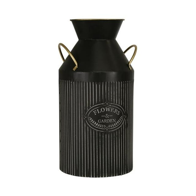 Benjara BM221046 16 in. Ribbed Metal Frame Vase with Side Handles, Black & Gold