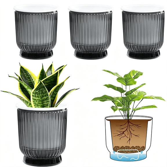 ACDANC Self Watering Pots for Indoor Plants 4.5In 4Pcs Planter Gray,Clear Visible Water Level,African Violet Succulent Herbs,Small Desk Windowsill,Easy Care
