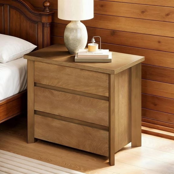 Wide Nightstand, Farmhouse Bedside Table with 3 Storage Drawers