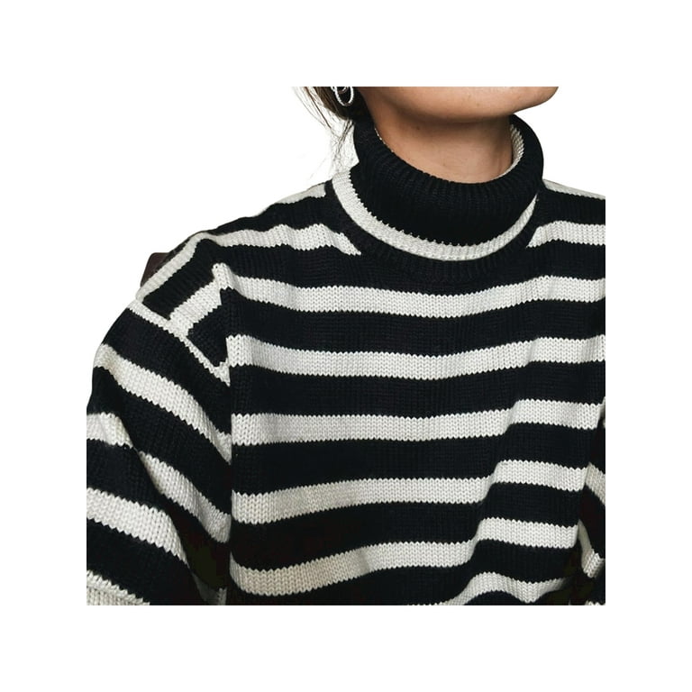 Wassery Women Turtleneck Sweater for Fall Winter Striped Long