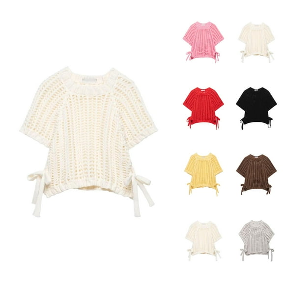 Pullover Sweaters for Women 2025 Knit Cropped Sweater Vest Side Bow Tie Crew Neck Trendy Fall Outfits